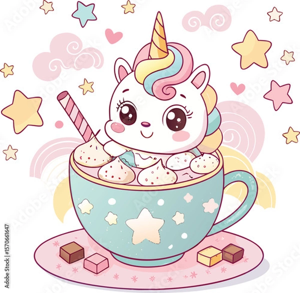 Fototapeta Chubby Unicorn Sitting in a Teacup Filled with Whipped Cream and Marshmallows Surrounded by Stars and Rainbow Steam Swirls in Flat Kawaii Style Illustration.