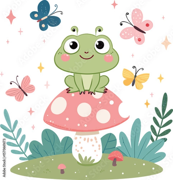 Fototapeta Cute Oversized Frog Sitting on a Mushroom in a Whimsical Garden Surrounded by Butterflies and Sparkles in Flat Kawaii Style Illustration.