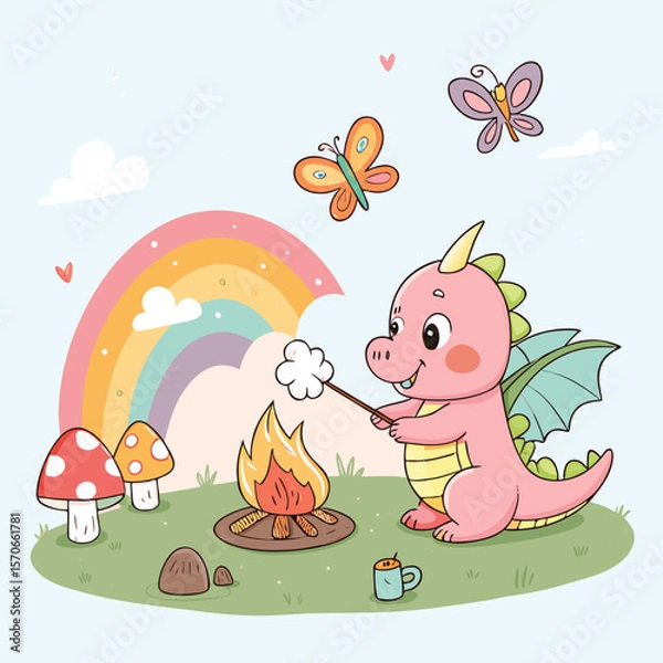 Fototapeta Playful Baby Dragon Roasting Marshmallows Over a Tiny Rainbow Campfire Surrounded by Mushrooms and Butterflies in Flat Kawaii Style Illustration.