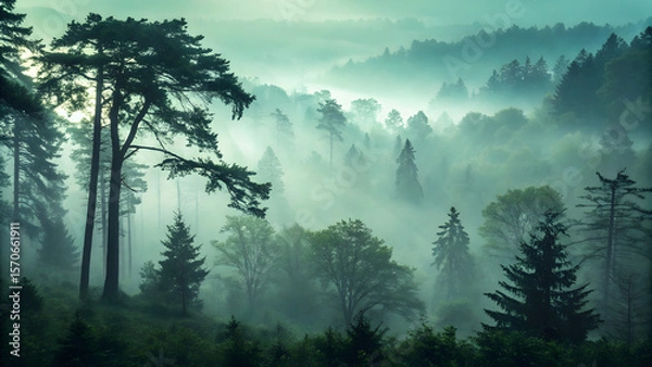 Fototapeta Enshrouded Forest Canopy: A mystical scene unfolds with tall trees shrouded in a wispy, ethereal fog, casting a sense of serene beauty and the mystery of the natural world.