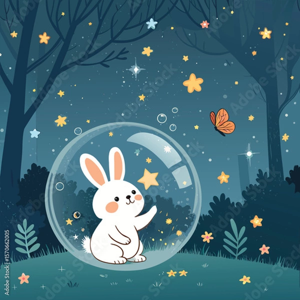 Fototapeta Fluffy Bunny Sitting in a Floating Bubble Above a Magical Forest Waving at Butterflies and Shooting Stars in Flat Kawaii Style Illustration.