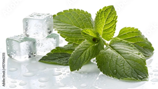 Fototapeta Refreshing Mint and Ice Cubes: Close-up shot of vibrant green mint leaves with ice cubes, capturing the essence of freshness and coolness.