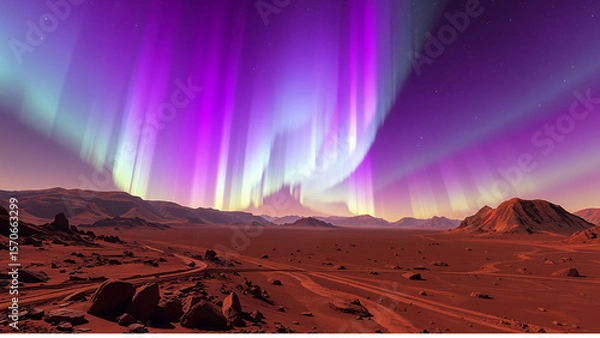 Obraz The Martian aurora dances on Terra Cimmeria. Purple-green lights are produced by solar particles interacting with the thin carbon dioxide atmosphere. Rocky terrain with Opportunity's tracks visible.