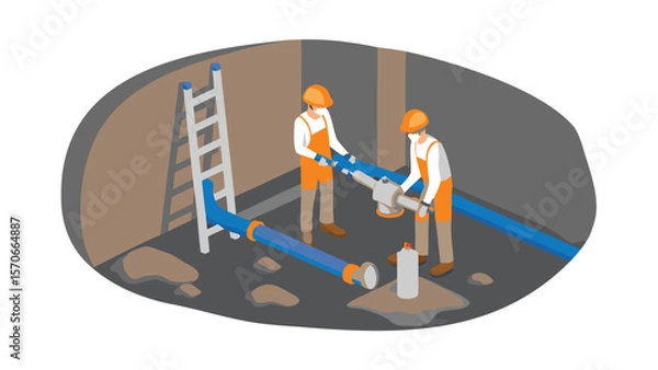 Fototapeta Two plumbers connecting blue pipes in a confined space with a ladder and a bottle present near them