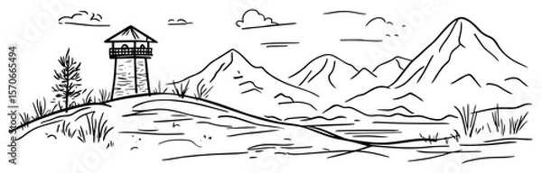 Obraz mountain landscape with tower line art vector