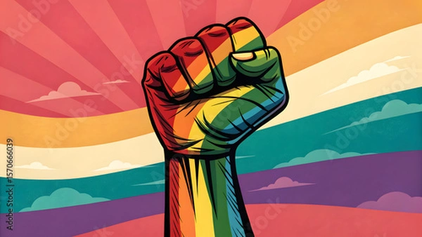 Fototapeta Pride and Unity: A fist is raised high, its colors radiating in a vibrant symbol of pride and unity. The artwork embodies the power of solidarity.