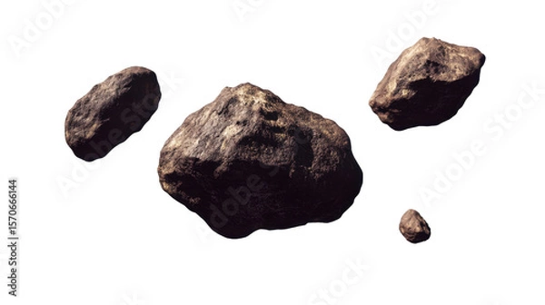 Obraz A Collection of Dark, Textured Asteroids Floating in Space Against a Transparent Background