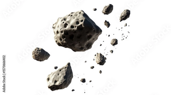 Obraz Asteroids Orbiting Through Dark Space Landscape with Textured Surface and Fragmented Forms