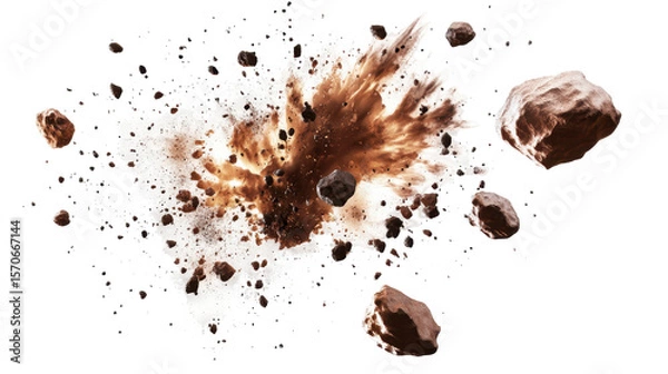 Obraz Dynamic Abstract Explosion of Asteroids With Dust and Debris Against a Transparent Background