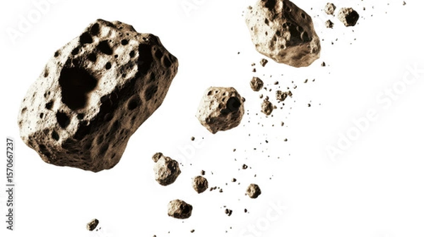 Obraz Floating Asteroids in Deep Space with Unique Shapes and Textures Against a transparent Background