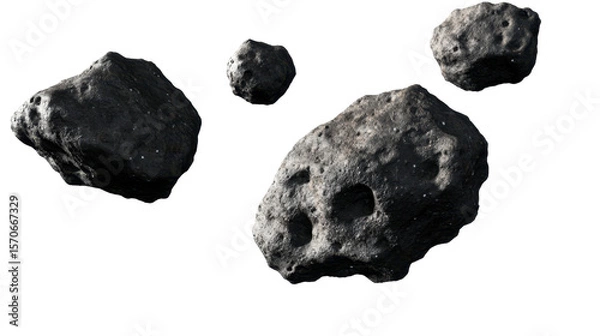 Obraz Four Floating Asteroids in a Dark Cosmic Environment with Textured Surfaces and Craters