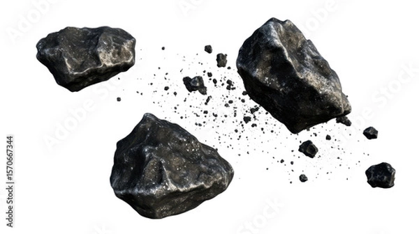 Obraz Fragmented Asteroids Floating in Space with a Dark Cosmic Background and Grains of Stardust