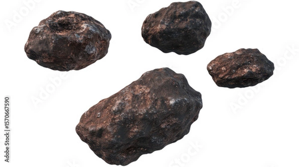 Obraz Multiple Irregular Asteroids and Space Rocks Displayed Against a Transparent Background