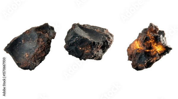 Obraz Three Distinct Asteroids with Rough Surfaces and Glowing Elements on a Transparent Background