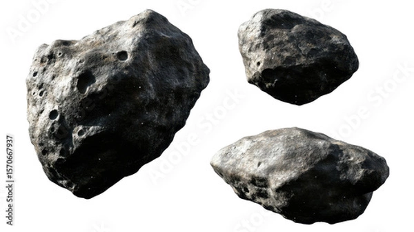 Obraz Three Asteroids with Textured Surfaces and Craters on a Transparent Background
