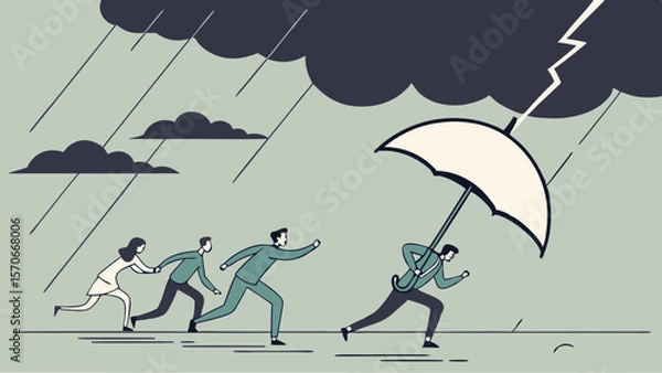 Fototapeta Leader holding umbrella to protect team from storm and lightning, symbolizing leadership, crisis management, business protection, teamwork, and resilience