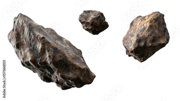 Obraz Three Distinct Asteroids with Textured Surfaces Displayed Against a Transparent Background