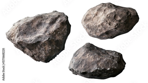 Obraz Three Irregular Asteroids with Textured Surfaces in a Cosmic Background