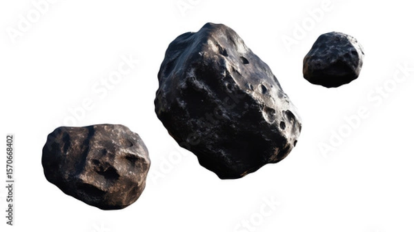 Obraz Three Irregularly Shaped Asteroids Floating in Space Against a Transparent Background