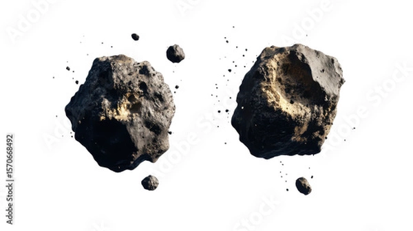 Obraz Two Asteroids Floating in Space with Craters and Rock Formations Against a Transparent Background