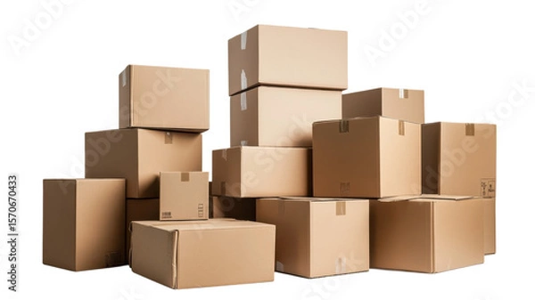 Fototapeta Cardboard Boxes Stacked Together isolated on a transparent background shipping boxes