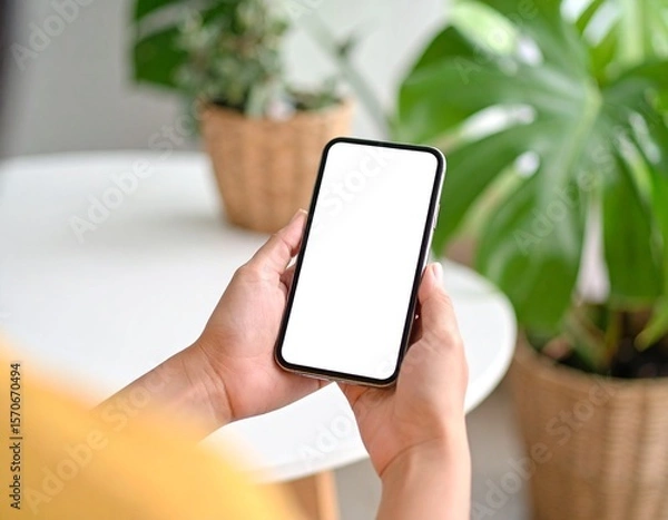 Fototapeta Over shoulder close up view of female hand holding smartphone with mock-up screen