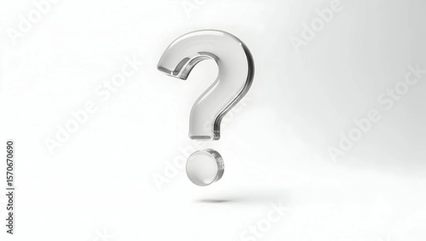 Fototapeta Question icon A translucent glass question mark floating mid-air with a soft shadow cast below, isolated on a white background