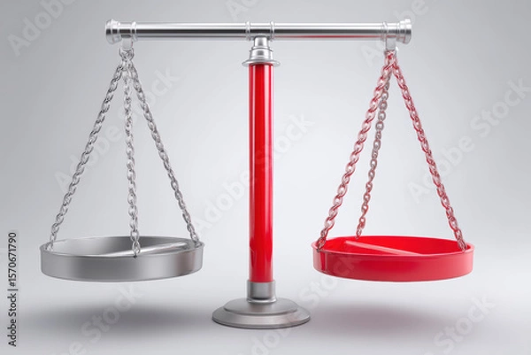 Fototapeta Balance scale in equilibrium shows fair comparison of tax and income reform. Red and silver weigh justice decision