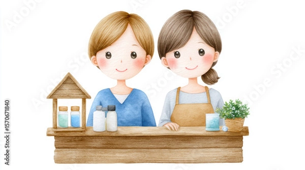 Fototapeta Happy couple with creative sme startup business. smiling man and woman behind shop counter in watercolor illustration