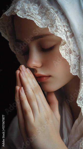 Fototapeta Serene Young Woman Praying with Folded Hands in Religious Devotion