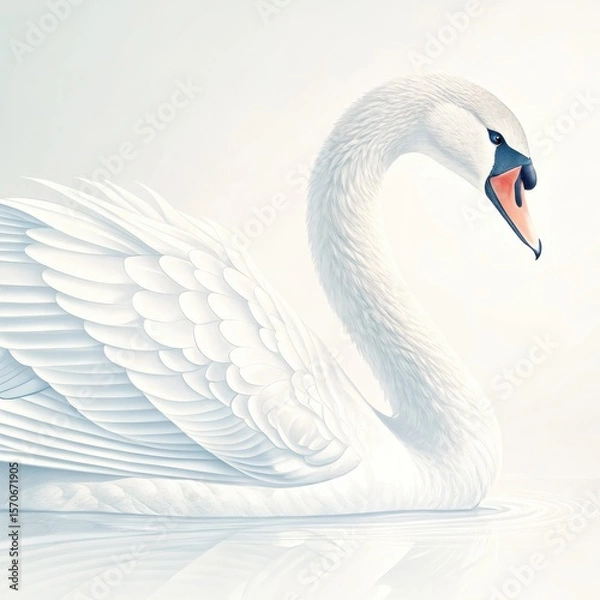 Fototapeta A graceful white swan with elegantly detailed feathers glides smoothly on calm water with a soft, minimalist background.