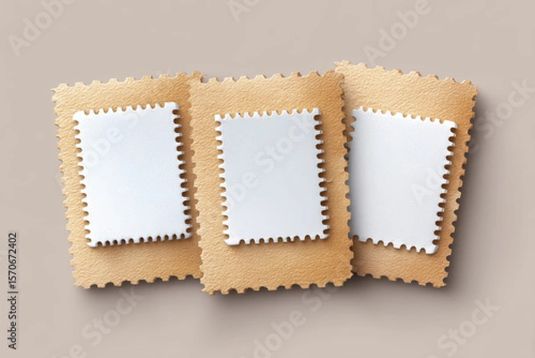 Fototapeta Three blank postage stamp mockup with kraft paper border and white cutout center. Simple design on plain background