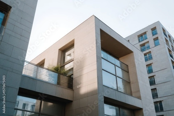 Fototapeta Minimalist duplex in high-density zone hard side light creating long wall shadows cold neutral palette with sharp rooftop