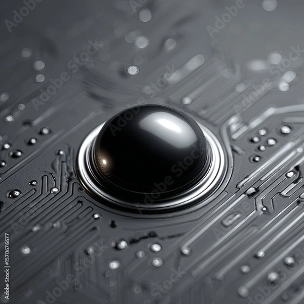 Fototapeta Extreme close-up of a glossy black droplet on a matte graphite surface. The droplet is smooth and reflective, bordered by a fine silver edge due to light refraction.