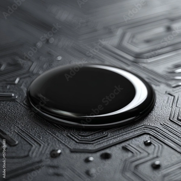 Fototapeta Extreme close-up of a glossy black droplet on a matte graphite surface. The droplet is smooth and reflective, bordered by a fine silver edge due to light refraction.