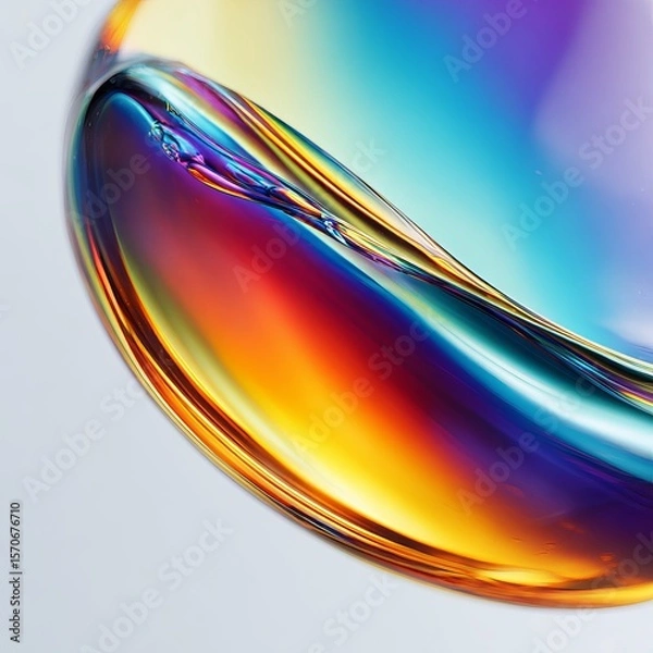 Fototapeta Extreme close-up of a single water droplet on a white background, filled with vibrant, iridescent ultrasonic colors deep blues, electric purples, fiery reds, neon greens, and radiant yellows mimicking