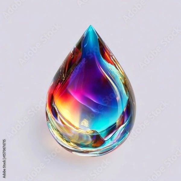 Fototapeta Extreme close-up of a single water droplet on a white background, filled with vibrant, iridescent ultrasonic colors deep blues, electric purples, fiery reds, neon greens, and radiant yellows mimicking