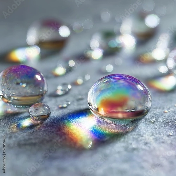 Fototapeta Extreme close-up of crystal-clear water droplets on a smooth glass surface, shot in ultra-high-definition (8K), with sharp reflections and refractions. The droplets are perfectly round and show micro-