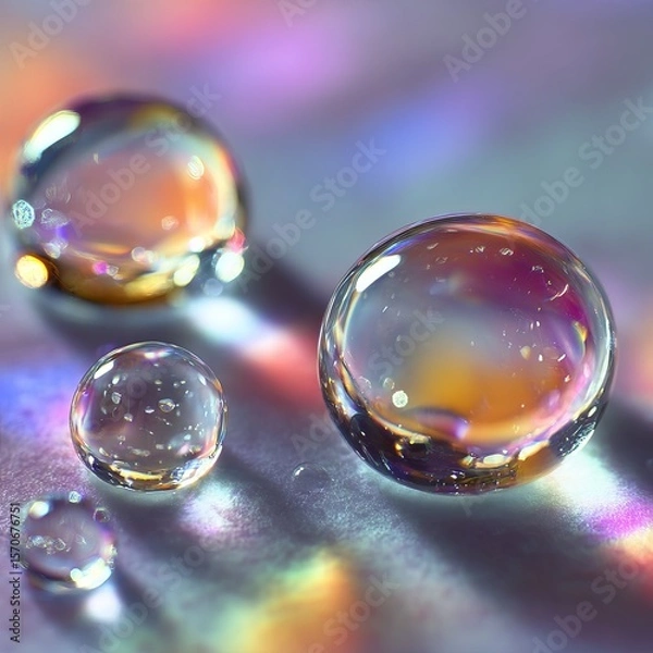 Fototapeta Extreme close-up of crystal-clear water droplets on a smooth glass surface, shot in ultra-high-definition (8K), with sharp reflections and refractions. The droplets are perfectly round and show micro-