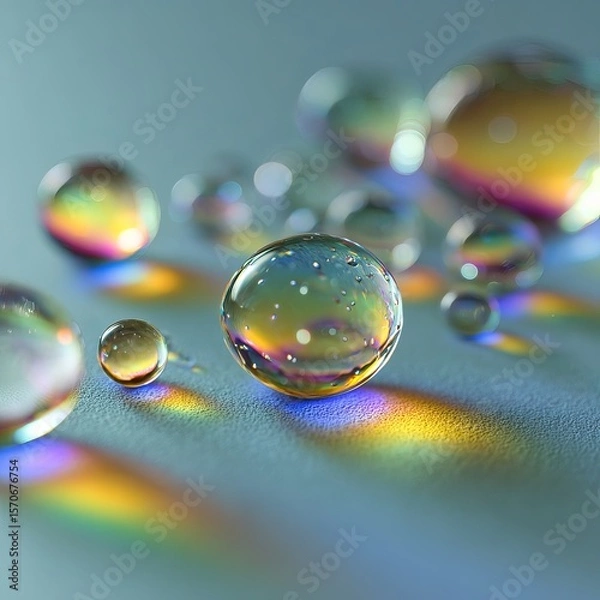 Fototapeta Extreme close-up of crystal-clear water droplets on a smooth glass surface, shot in ultra-high-definition (8K), with sharp reflections and refractions. The droplets are perfectly round and show micro-