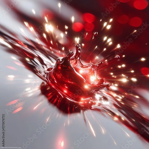 Fototapeta Extreme close-up of a single water droplet exploding with intense red energy, resembling molten lava or liquid fire. The droplet glows with vibrant scarlet, crimson, and cherry hues. 