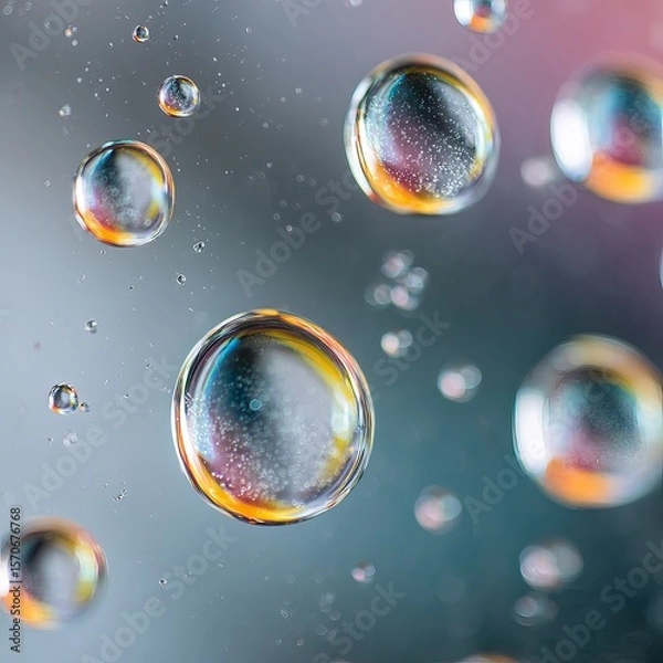Fototapeta Extreme close-up of crystal-clear water droplets on a smooth glass surface, shot in ultra-high-definition (8K), with sharp reflections and refractions. The droplets are perfectly round and show micro-