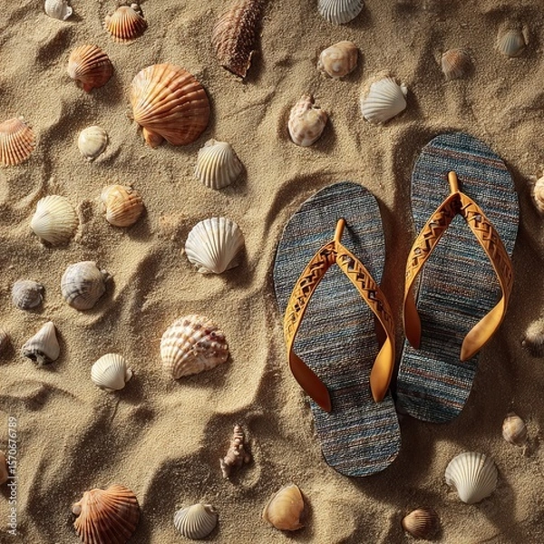 Fototapeta Flip flops and seashells on warm golden sand 