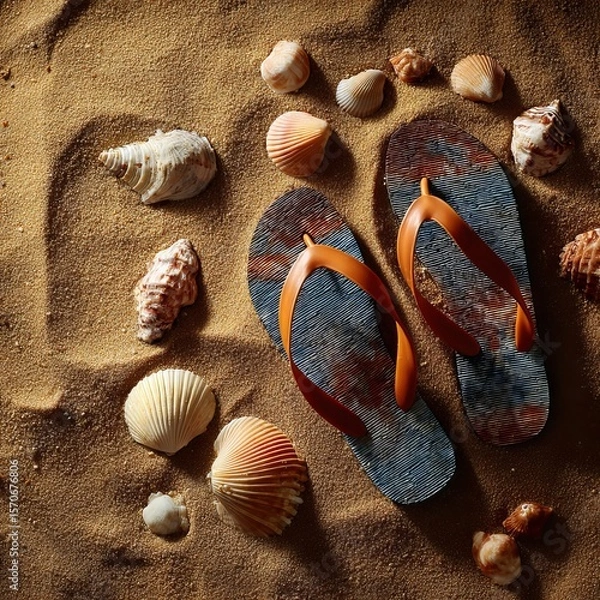 Fototapeta Flip flops and seashells on warm golden sand 
