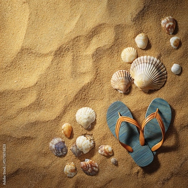 Obraz Flip flops and seashells on warm golden sand 