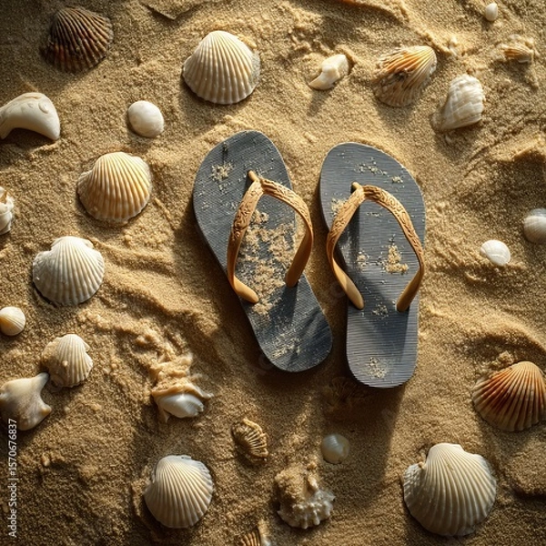 Fototapeta Flip flops and seashells on warm golden sand 
