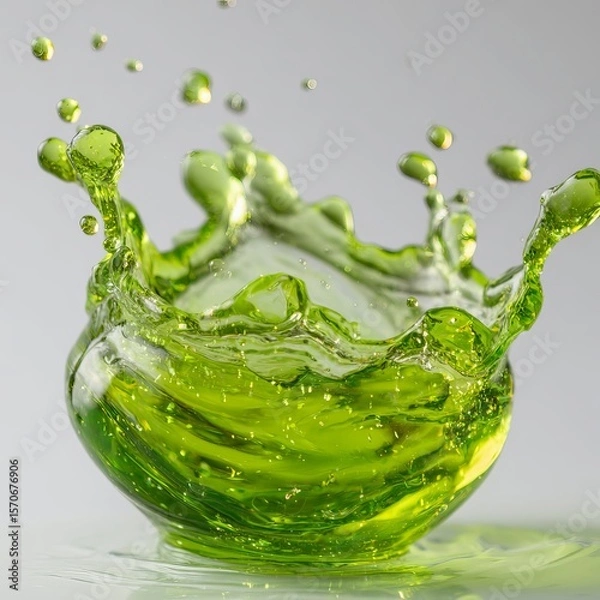 Fototapeta High-detail macro image of a glowing green water droplet, bursting outward with neon lime, emerald, and glowing mint tones. The drop looks like it contains pure life energy or liquid nature. 