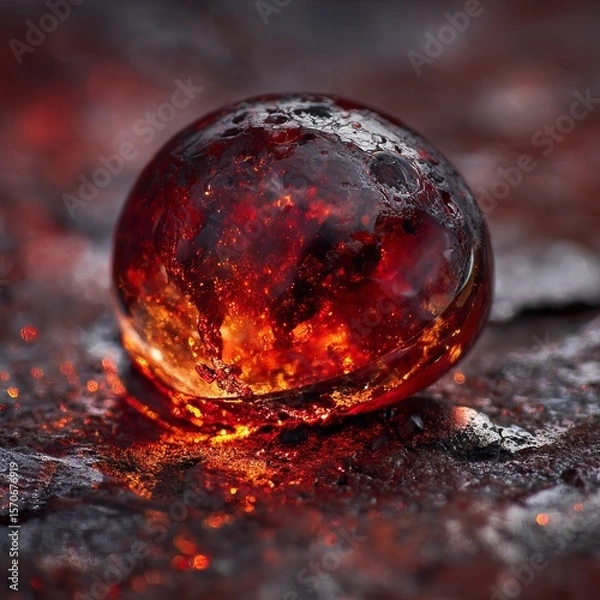 Fototapeta High-detail macro image of a molten red droplet sizzling on a slightly rusted iron surface. The droplet glows with scarlet and cherry tones, radiating heat and energy. 