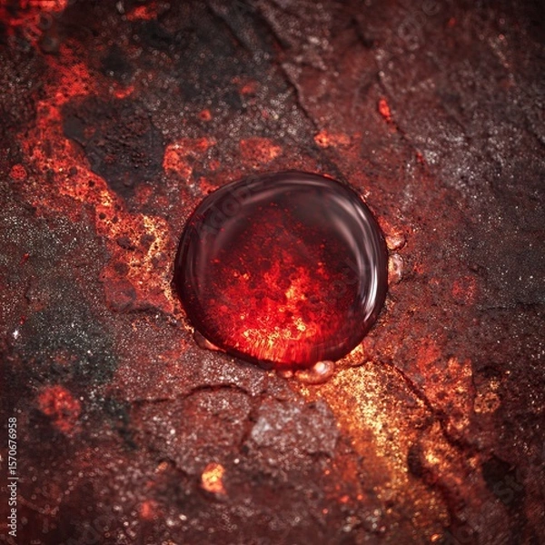Fototapeta High-detail macro image of a molten red droplet sizzling on a slightly rusted iron surface. The droplet glows with scarlet and cherry tones, radiating heat and energy. 