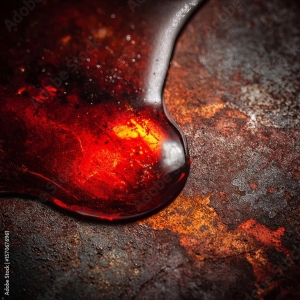 Fototapeta High-detail macro image of a molten red droplet sizzling on a slightly rusted iron surface. The droplet glows with scarlet and cherry tones, radiating heat and energy. 